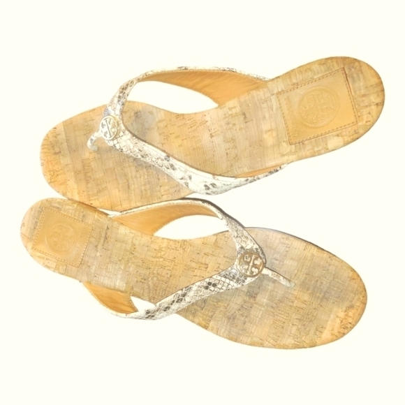 Tory Burch Suzy Cork Tan Brown Snakeskin Print Leather Wedge Thong Sandals 10.5M - Picture 2 of 8